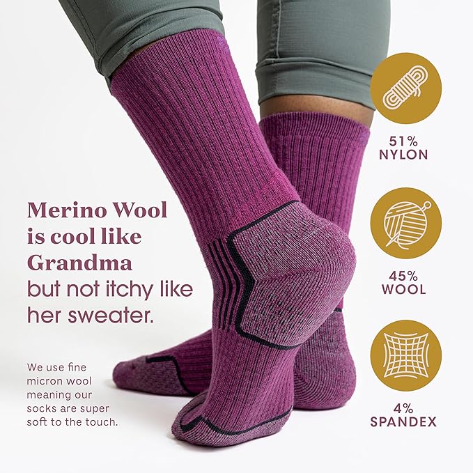 ToughCutie Merino Wool Socks Bundle, Premium Hiking Crew Socks For Women, Grey, Boysenberry, Strawberry/Small