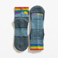 Blue haze socks showing the front, back and pride rainbow