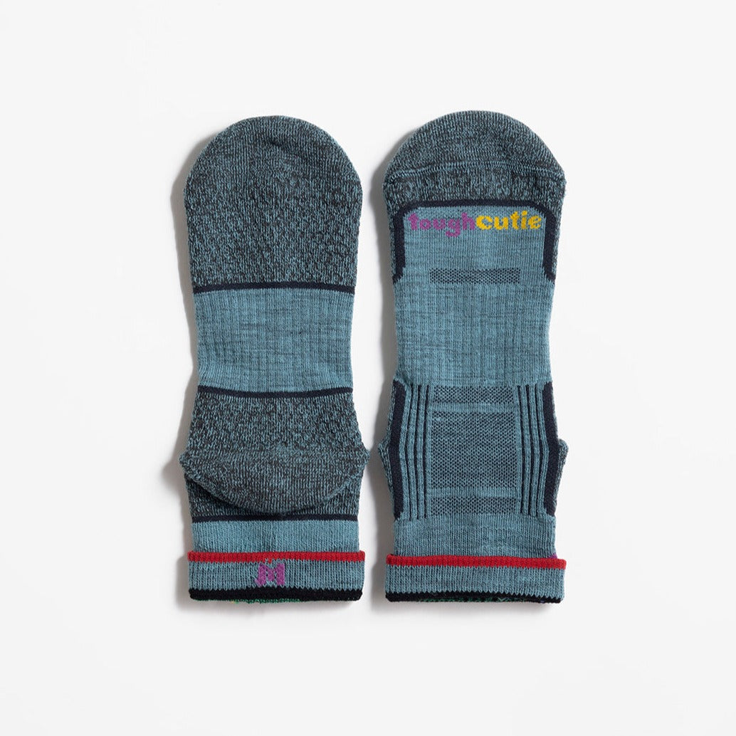 Blue haze socks showing the front, back and size