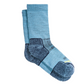 Pair of blue hiking socks with black accents on a white background