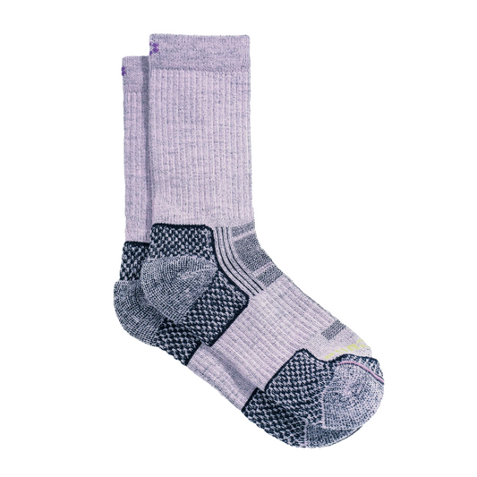 Pair of lilac hiking socks on a white background
