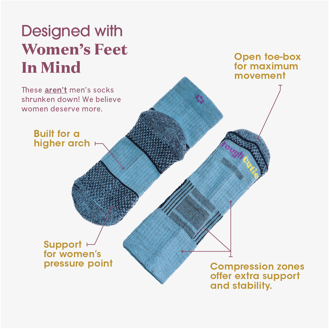 Blue socks with text highlighting features designed for women's feet on a white background