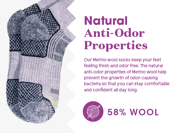 lilac hiking socks with text about natural anti-odor properties and wool content on a white background.