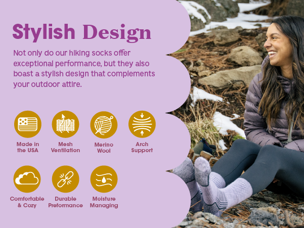 Woman sitting outdoors with hiking socks, promotional text about sock features.